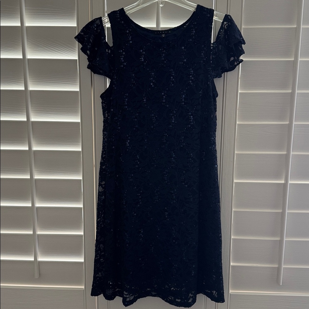 Navy Lace Cold-Shoulder Cocktail Dress